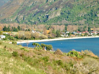 Day 6 - 40th Anniversary trip to NZ  A short time later we drive up past the township of Kingston and stop to admire the view. The hillside here also has a few clumps of native trees; they are quite noticeable because of their different colour.