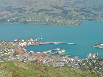 Day 7 - 40th Anniversary trip to NZ  Looking south, Lyttelton Township and Lyttelton Harbour are in front of us. Lyttelton is historically regarded as the "Gateway to Canterbury" for colonial settlers. The port remains a regular destination for cruise liners and is the South Island's principal goods transport terminal, handling 34% of exports and 61% of imports by value.