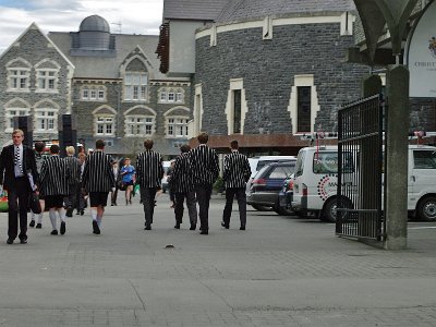 Day 8 - 40th Anniversary trip to NZ -  Willowbank Wildlife Reserve   Boys in their nineteenth century English uniforms enter Christ's College.