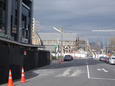 Day 8 - 40th Anniversary trip to NZ -  Jenni explores the city area   To the north of Cathedral Square in Amargh looking down Colombo St.  Look at the massive structure supporting the western side of the cathedral.