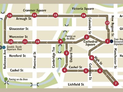 Day 8 - 40th Anniversary trip to NZ -  Jenni explores the city area   She walks  up Oxford Terrace and catches the tram at Stop 3.  The tram then heads in a southerly direction and turns into Cashel Street where the Re:Start shopping centre is located.