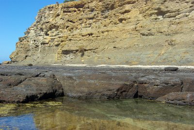 Saturday 21-10-2017 Depot Beach Rocks  After many more millions of years, the sandstone wore away to become the sand that lined the ocean and the beaches.  This picture shows that the sandstone sits on a base of harder sedimentary rock layers.