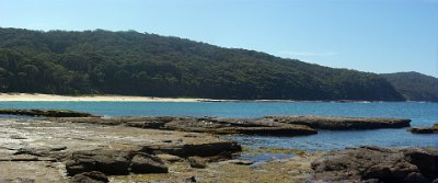 Saturday 21-10-2017 Depot Beach Rocks  This is the view across Tranquility Bay up past Depot Beach to Pebbly Beach on the distant shore on the right (north).