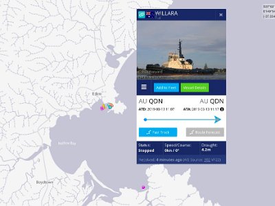 MapWillaraLocation     MONDAY The Eden Wharf  All seagoing vessels are in continuous contact with marine authorities.  A week later I can see that the Willara is still at Eden and its status is stopped.