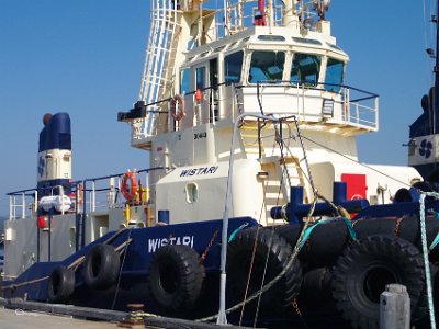 PENT2766-1     MONDAY The Eden Wharf  This is the WISTARI, a  Firefighting Tug. It flies under the Australian flag and is registered in Brisbane. It was built in 1982 and has a gross tonnage of 396 tonnes.