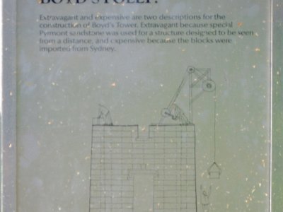 PENT2826     MONDAY Boyd's Tower    Boyd's folly? &nbsp; "Extravagant and expensive are two descriptions of Boyd's Tower.  Extravagant because special Pyrmont Sandstone was used for a structure  designed to be seen from a distance and expensive because the blocks were imported from Sydney.  Around 1846, Boyd instructed his manager, Oswald Brierly, to supervise the construction of a prominent Tower at Red Point.  Sandstone blocks were shipped from Sydney and unloaded at East Boyd, hauled to the site by bullock teams, then worked by skilled stonemasons. The stones were lifted by connecting chains to each block which were then raised into place by a frame or gantry, mounted on top of the growing structure.  Ladders connected the 5 timber platforms."