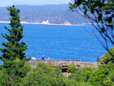 TEL 1858-1     MONDAY Lookout Point  This where we were about 15 minutes ago: at the Lookout and  Rotary Park.  The beach to the right belongs to the Seahorse Inn at Boydtown.  Boyd's Tower is off to the left out of this picture.