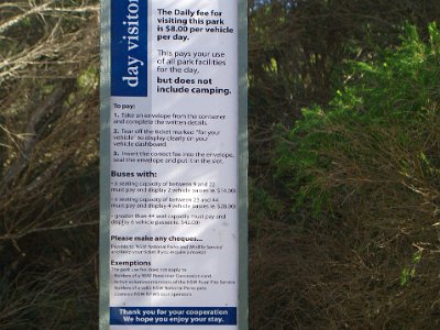 TUESDAY North Tura Beach  What is amazing is the honour system that applies for paying the National Park entry fee. You put your $8 cash or cheque into an envelope.  Then you tear off a tab from the envelope, leave it on your dashboard and put the envelope into the slot.