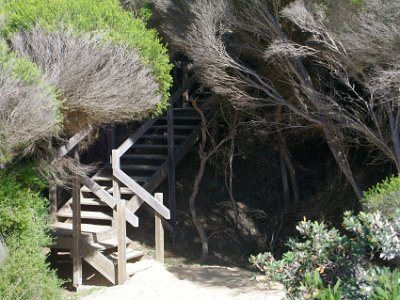 TUESDAY North Tura Beach  Finally, we get back to the stairs that lead to the parking area.  The sand between here and the water is about 200-300 metres wide and it is extremely soft and fluffy.  My ankles are sore by the time I reach this point.