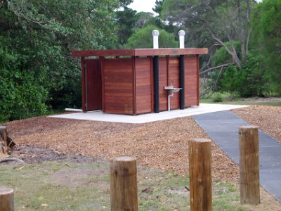 TUESDAY Scotts Bay  The toilets are new and there's even water on tap.  These toilets have large vent pipes that carry the pong up into the atmosphere.  Now, that's progress.