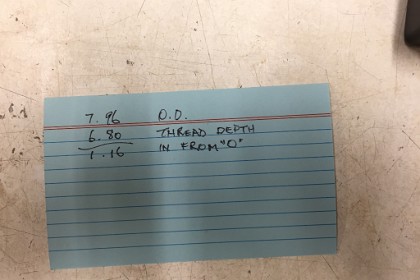 03 June, 1919 - Cutting a metric thread  &nbsp; The tap drill size for an M8 X1.2 thread is 6.8mm. I deduct this from from the O.D. to figure out how far in I should take the round tip tool to cut the relief at the thread end. I need to go in 1.16/2 = 0.58mm and will use the cross slide to do this. <div style="Font-size:5.0pt"