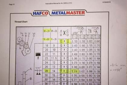 05 May, 1919 - Cutting a US thread  &nbsp; I'm going to cut a 1/4 X 28 thread and document it so that, once I've forgotten how I did it, I can go back here to find out. First thing is to set the horizontal movement to cut 28 TPI. This requires four gears: 30, 27, 34 & 50 as per the chart. <div style="Font-size:5.0pt"