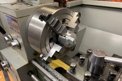 24 June, 2020 - Spinner backplate  &nbsp; I machine the front (spinner) end first. The first few steps involve machining the end square, using a centring bit to provide a centre for the drills, machining the O.D. for a 2" spinner and bringing the hub down to its final diameter of roughly 1". The hub is eventually machined off; it is only there to hold the work piece when it is reversed to machine the back (motor) end. <div style="Font-size:5.0pt"