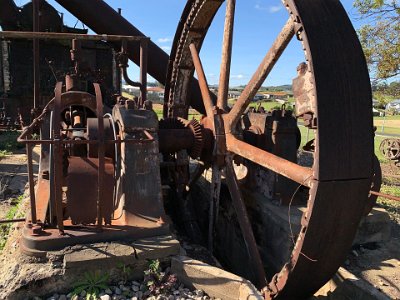 I assume this large iron wheel drove the sawing and milling equipment.