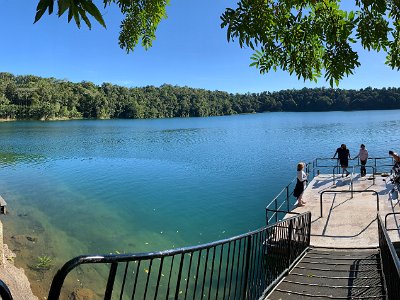 Jenni ventures onto the pontoon. Local lads use this as a diving platform. The viewing platform to see the turtles is on the upper left.