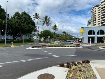 Time to do the tourists' walk of Cairns. We go downstairs and walk one block towards the ocean. This is the Esplanade, the main road that runs along the waterfront.