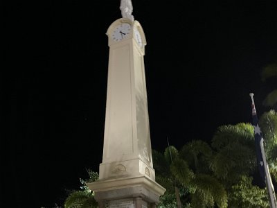 The Cenotaph is lit up at night and the clock still shows 04:28.