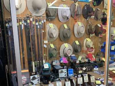 There seems to be an overlaying of American and Australian styles. The cowboy hats aren't cheap either at $180-$200.  Look, they even have the American style neckwear called a bolo; for dressing up and formal occasions no doubt.