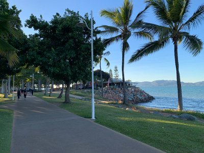 This is the Long Board restaurant. The parklands and walkways run for the entire length of The Strand.