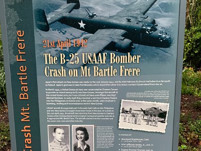 US Air base constructed inland at Charters Towers.  Fifteen new USAAF B25C bombers stationed there.  Early April 1942, B25's mounted raid on New Guinea supporting Australian troops.  On returning from NG, encountered severe tropical weather as it approached Mt Bartle Frere.  Aircraft crashed and seven man crew instantly killed.  Locals notified Babinda police of crash  Babinda Police notified Cairns Police about crash  Next morning, local residents organised themselves to search for survivors.