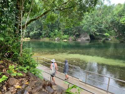 We walk alongside the water that is flowing nicely because of the rain presently falling on the mountain tops. The river runs in the same direction as our walk.