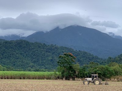 Tilling the soil in quite a magnificent setting.  Notice how the tropical forest clings undamaged to the mountain side; useless for farming therefore preserved. Sort of a reverse Darwinian strategy: ensure your species survival by being useless to humans.