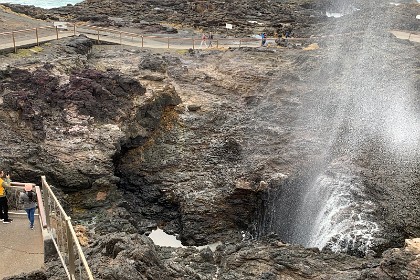 Tuesday 26 July 2022  "According to the placard at the blow hole, water shoots out of the blowhole because of pressure that forms in an underground chamber. As water fills the chamber at the end of the tunnel, pressure builds. When waves subside, the pressure inside the chamber pushes water up through the blow hole."