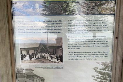 Tuesday 26 July 2022 The text: "Kiama's proximity to the Sydney markets ensured its early settlement. At least one resident arrived in the First Fleet in 1788. Kiama's maritime history, historic buildings and impressive natural landscape including blowholes, make it a unique town on the east coast."  "In 1831, David Smith, originally a cedar-getter, built the first house in Kiama. By 1836 the residents petitioned the police magistrate at Wollongong requesting that the town be laid out. In 1839 NSW Governor, Sir George Gipps, approved the design for the village of Kiama and proposed that the price of land to be two pounds per acre."   (Paid to the native people of course).   "The deepened harbour (Robertson Basin) was completed in 1876. It was designed to better accommodate the coastal steamers and other ships that transported people, goods and produce along the coast. The distinctive Norfolk Island pines along Terralong Street and in Hindmarsh Park were planted by the council in 1897."