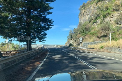 Monday 25 July 2022 We cross the Sea Cliff Bridge.  This bridge opened in 2005 to replace the roadway that had dropped away from the cliff side.