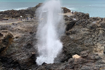 Tuesday 26 July 2022  "The blowhole was formed from basalt lava flows approximately 260 million years ago and was first discovered by local Aboriginals who named it 'Khanterinte'. The blowhole was first written about by George Bass on 6 December 1797. Bass had captained a crew of six and set out on an open whaleboat to explore the south coast of Australia. He noticed the blowhole after anchoring his boat in a sheltered bay"