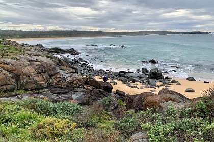 Saturday 28 May, 2022 - Bingie Bingie Looking back across the headland, I can see the Meringie Beach and it is yet another completely virgin beach with scrubby bushland up to the water's edge. That's me in the centre of the picture.