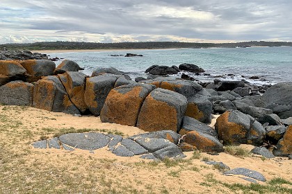 Saturday 28 May, 2022 - Bingie Bingie I suppose these rocks are granite; their Southern sides face away from the sun and have an orange growth on them.