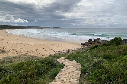 Saturday 28 May, 2022 - Bingie Bingie Wooden steps lead to a completely deserted beach.