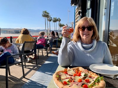 Saturday 4, 3 March 2023 Late lunch of pizza primavera & rose at Côte de l'Esterel, Antibes. Antibes is a few Kms south of Sussie's place at Biot.