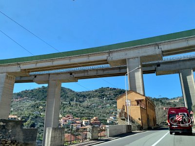 Sunday, 12 March 2023 The motorway we just left. The autoroutes in these parts of France & Italy are amazing; they are built above & through the landscape...I lost count of the tunnels we went through.  Sometimes the elevation of the roads is quite daunting!