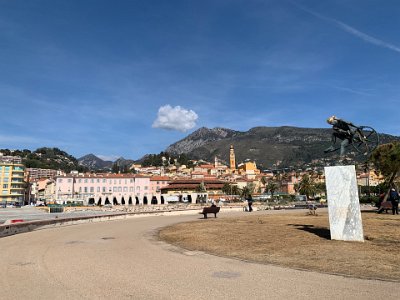 Thursday, 16 March 2023 Looking towards the Vieux Ville of Menton...you can easily see the steeple of the Basilica of San Michel.