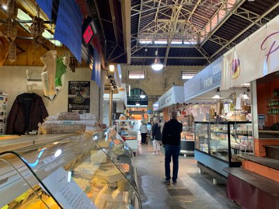 Thursday, 16 March 2023 And Le Marche.  This market is an old building in the Belle Epoque style.  Being around midday, the market is pretty quiet although there's plenty of tempting cheeses, pastas, breads....