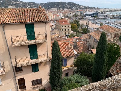 Thursday, 9 March 2023 Looking down over part of Le Suquet & the waterfront from the viewpoint at Place de la Castre.  The Hotel de Ville (mayor's office) is in the centre of this photo.