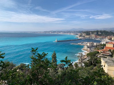 Tuesday, 7 March 2023 In the mid-distance is the breakwater of Port Lympia that shelters ferries travelling between Nice and other French cities along the coast.  The beach beyond that is part of Nice.