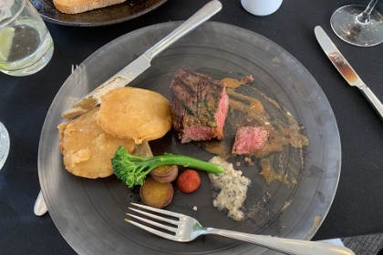 Sunday, 5th July 2025  Jenni's Wagyu beef steak is similarly cooked to perfection. She slows down during the course of the meal and has to struggle to complete it.