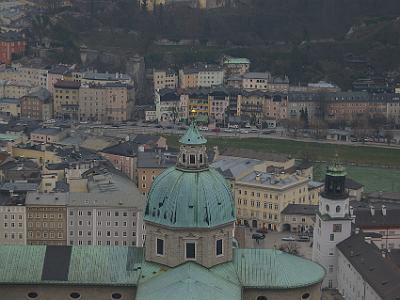 Monday 10  April, 2006   Closeup of the cathedral tower. The Salzach River flows in the background. Salzburg means salt town; salt was very important centuries ago to preserve food.