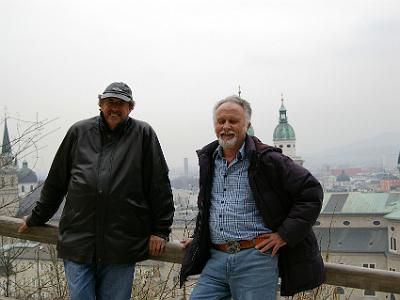 Monday 10  April, 2006   To our left are the spire and the dome of  St Peter's Catholic Church, and  behind and to the right of us are the twin towers and the dome of the Salzburg Cathedral.