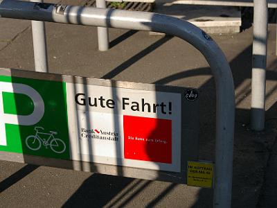 Saturday 8 April, 2006  My German is improving; Gute means good, and Fahrt means break wind. Quite an unusual sign really.  Many years later, I decide to look this up and I was half right,  it means "good ride" and  It seems to be free parking for bicycles.  I'm dead against this because it only encourages more of them.