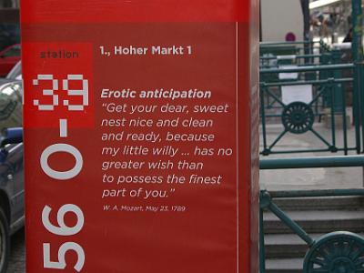 Sunday 9  April, 2006  We walk south beside the canal and head into an area of Vienna called the Hoer Markt Area. This was the 250th anniversary of Mozart's birth and there were no end of reminders. This is a romantic poem penned by him in 1789 and a bit weird that it is in English.