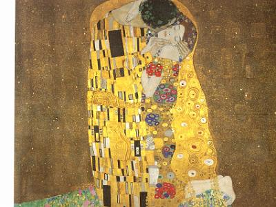 Sunday 9  April, 2006  The Kiss by Gustav Klimt.  Painted in 1907-08. To see the actual painting was indescribable. I went back to see it several times and each time I saw a little more, like the feet hanging over the edge of a flowered precipice. Later, I finally saw the outline of the woman's body. Klimt painted this during his golden period in which he used raised, gold leaf for emphasis; the curly bits on the man's robe is like this.