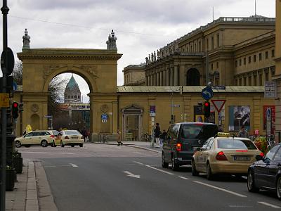 Friday 14 April, 2006  We turn left and see the entrance to the Hofgarten and the Residenz.  Odeonplatz is to the left and two pedestrian plazas continue to the right:  Residenzstrasse and Theatinerstrasse.