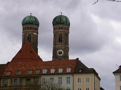 Friday 14 April, 2006  The Frauenkirche, Cathedral of Our Blessed Lady,  is the largest church in Munich.  its towers can be seen from all directions. It will remain so because the City of Munich prohibits the building of any structure over 100 meters.