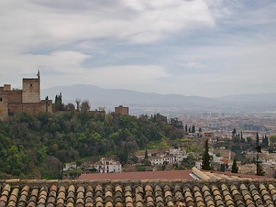 Saturday 1 April, 2006  The Alcazabar on the left looks down into the city of Granada. When the Alhambra was built, this was at first open farmland called the Vega.