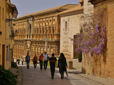 Sunday 2 April, 2006  Our first glimpse of Palacio Carlos V.   His maternal grandparents were Ferdinand II of Aragon and Isabella I of Castile, whose marriage had first united their territories into what is now modern Spain.