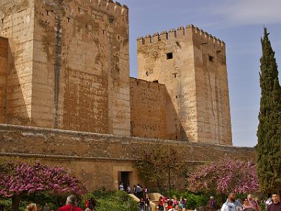 Sunday 2 April, 2006  The Broken Tower (Torre Quebrada)  to the left and the Homage Tower (Torre del Homenaje) to the right. The steps are the main entrance to the Alcazabar.